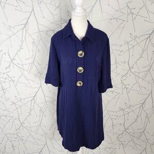 Luxology Navy Large Button Popover Collared Loose Fit Shirt Dress